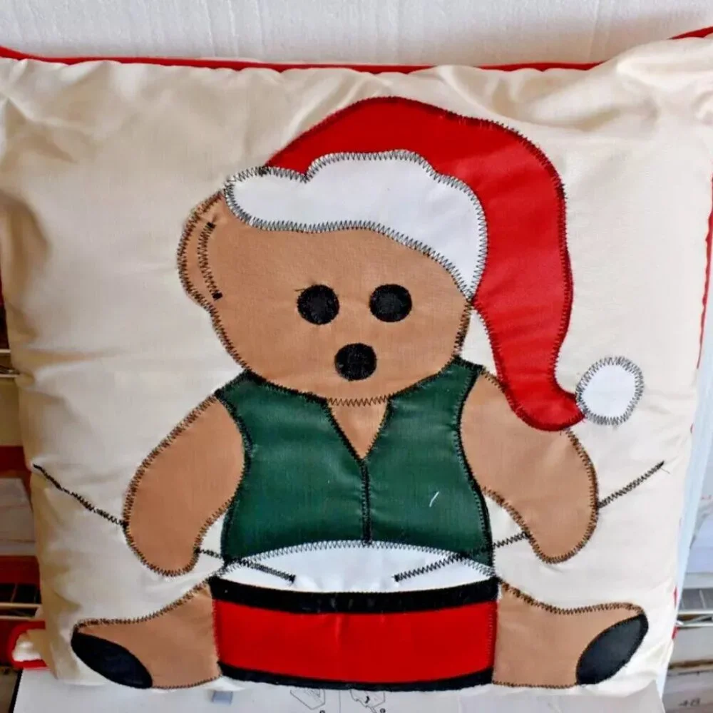 Two Dakota Designer Christmas Winter Teddy Bear Drummer Appliquéd Pillow 15